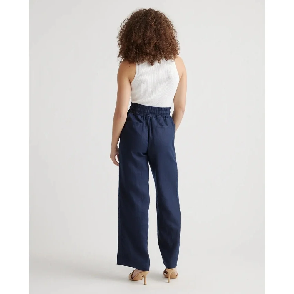 Quince 100% European Linen Wide Leg Pants M Navy Blue Pull On Drawstring Capsule